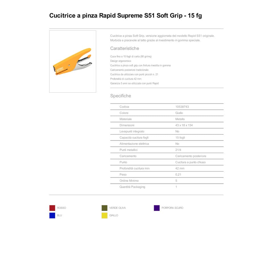 Cucitrice a pinza Rapid S51 SUPREME Soft Grip fino a 15 fogli giallo 10538743