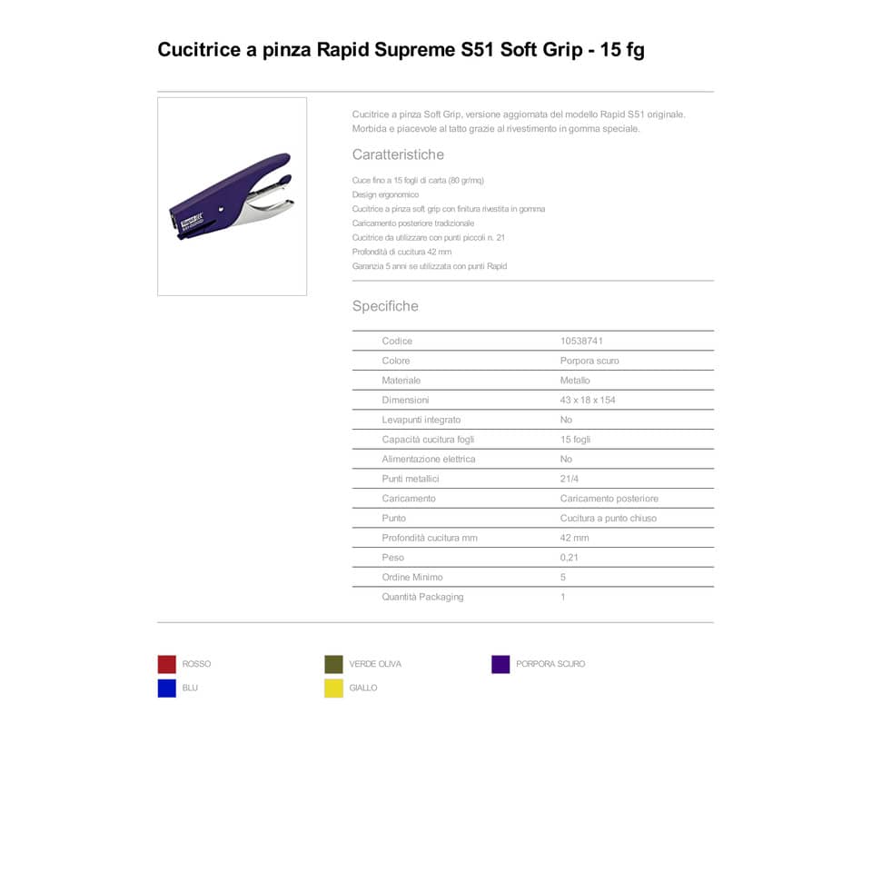 Cucitrice a pinza Rapid S51 SUPREME Soft Grip fino a 15 fogli viola 10538741