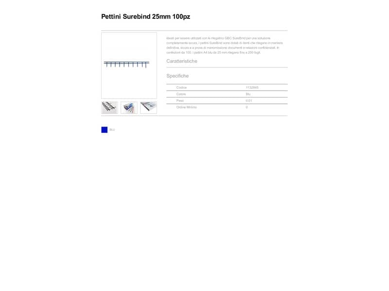 Pettini per rilegatura GBC SureBind 25 mm A4 blu - fino a 250 fogli conf. da 100 - 1132845