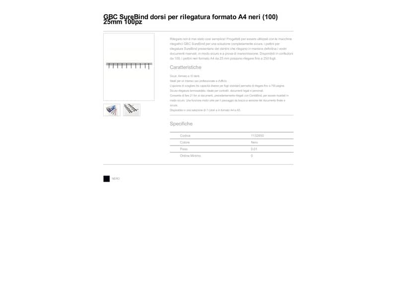 Pettini per rilegatura GBC SureBind 25 mm A4 nero - fino a 250 fogli conf da 100 pettini - 1132850
