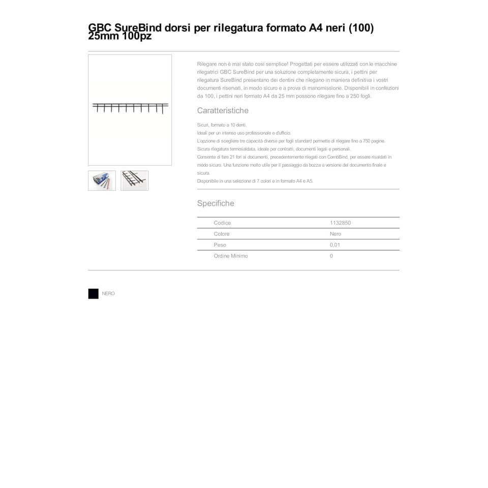 Pettini per rilegatura GBC SureBind 25 mm A4 nero - fino a 250 fogli conf da 100 pettini - 1132850