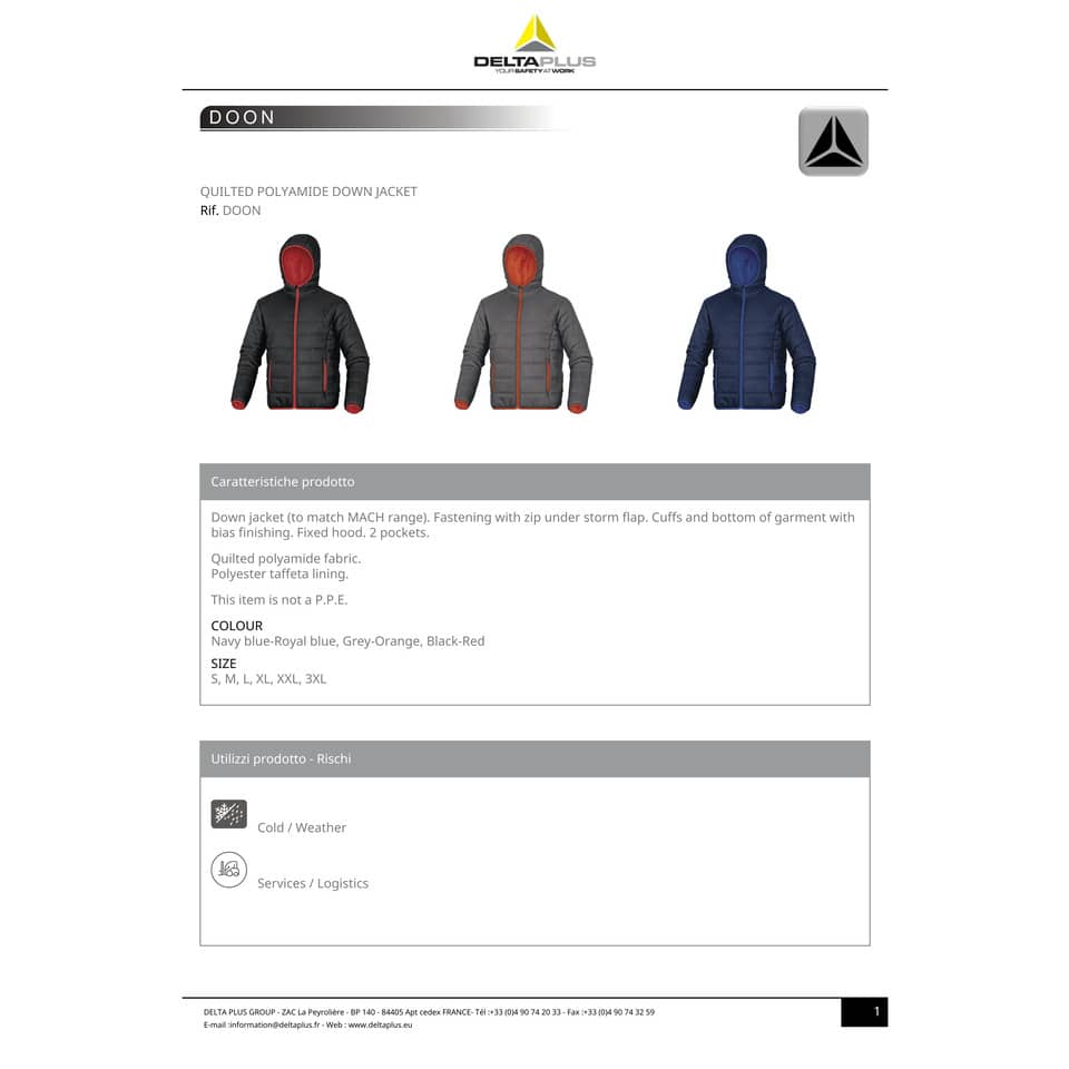 Piumino da lavoro Delta Plus Doon chiusura zip - cappuccio fisso -2 tasche poliammide blu-azzurro - XXL - DOONBMXX