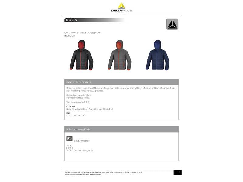 Piumino da lavoro Delta Plus Doon chiusura zip - cappuccio fisso -2 tasche poliammide blu-azzurro - XXL - DOONBMXX