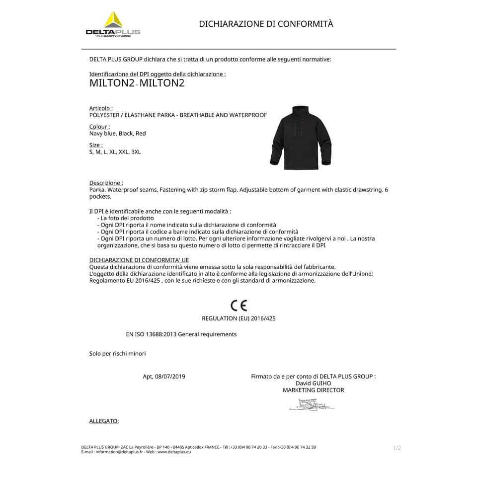 Giacca da lavoro Delta Plus Parka Milton 2 chiusura con zip impermeabile - 6 tasche - poliestere blu L - MILT2BMGT