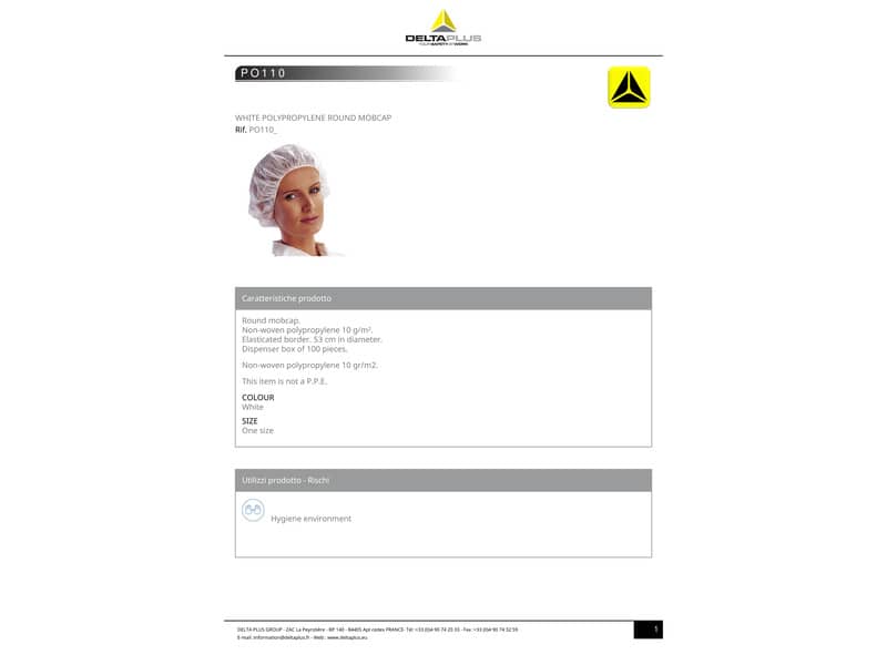 Cuffia da lavoro Delta Plus in ppl non tessuto - bordo elasticizzato diam. 53 cm. bianco 100 pz. - PO110