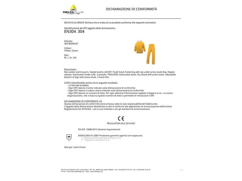 Completo giacca e pantalone da pioggia DELTA PLUS - cuciture saldate giallo - XXL - EN304JAXX2