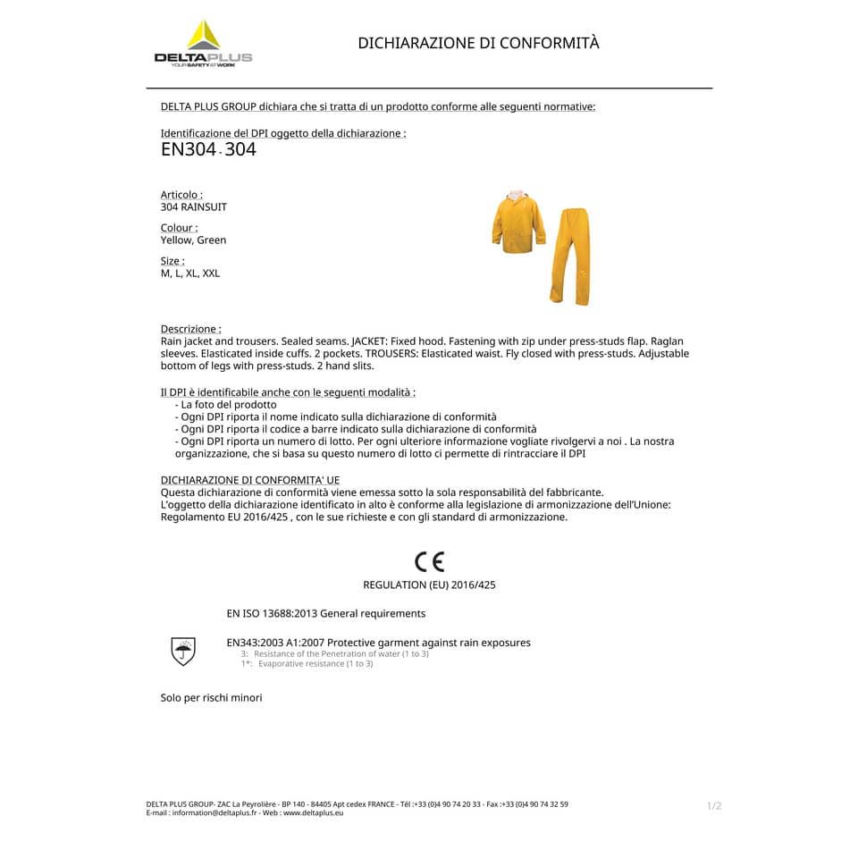 Completo giacca e pantalone da pioggia DELTA PLUS - cuciture saldate giallo - XXL - EN304JAXX2