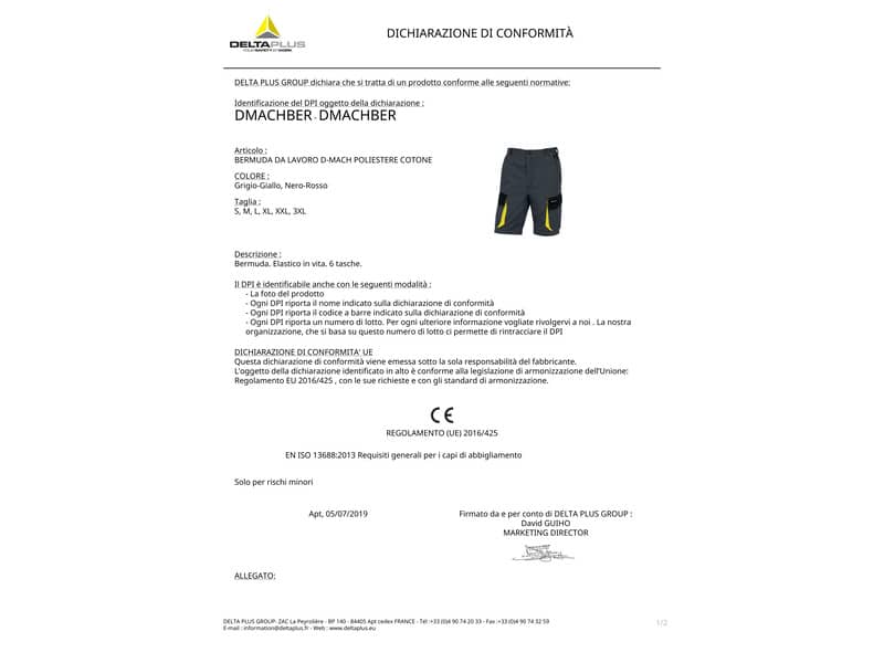 Bermuda da lavoro DELTA PLUS D-Mach 6 tasche - cotone e poliestere grigio-giallo - XXL - DMBERGJXX