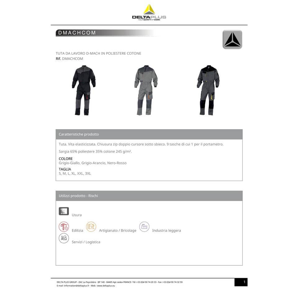 Tuta da lavoro DELTA PLUS D-Mach elasticizzata - 9 tasche - cotone e poliestere grigio-giallo L - DMACOMGJTM