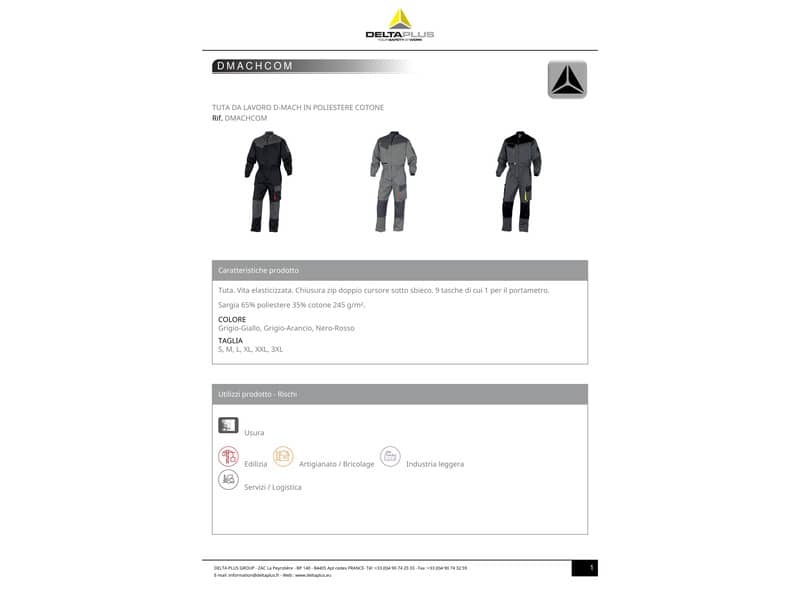 Tuta da lavoro DELTA PLUS D-Mach elasticizzata - 9 tasche - cotone e poliestere grigio-giallo L - DMACOMGJTM
