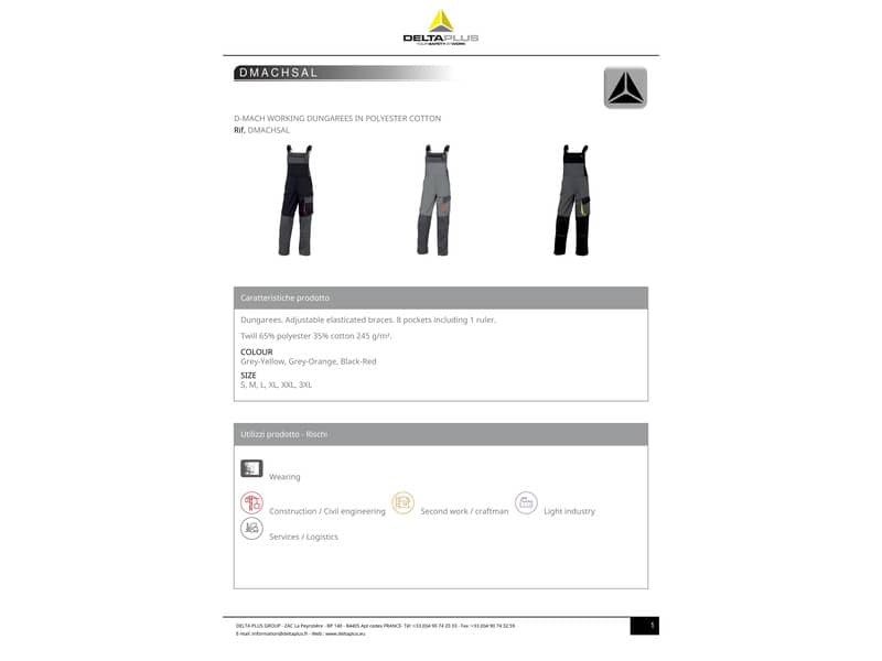 Salopette da lavoro Delta Plus D-Mach bretelle regol. -8 tasche- cotone /poliest. grigio-giallo - L - DMSALGJGT