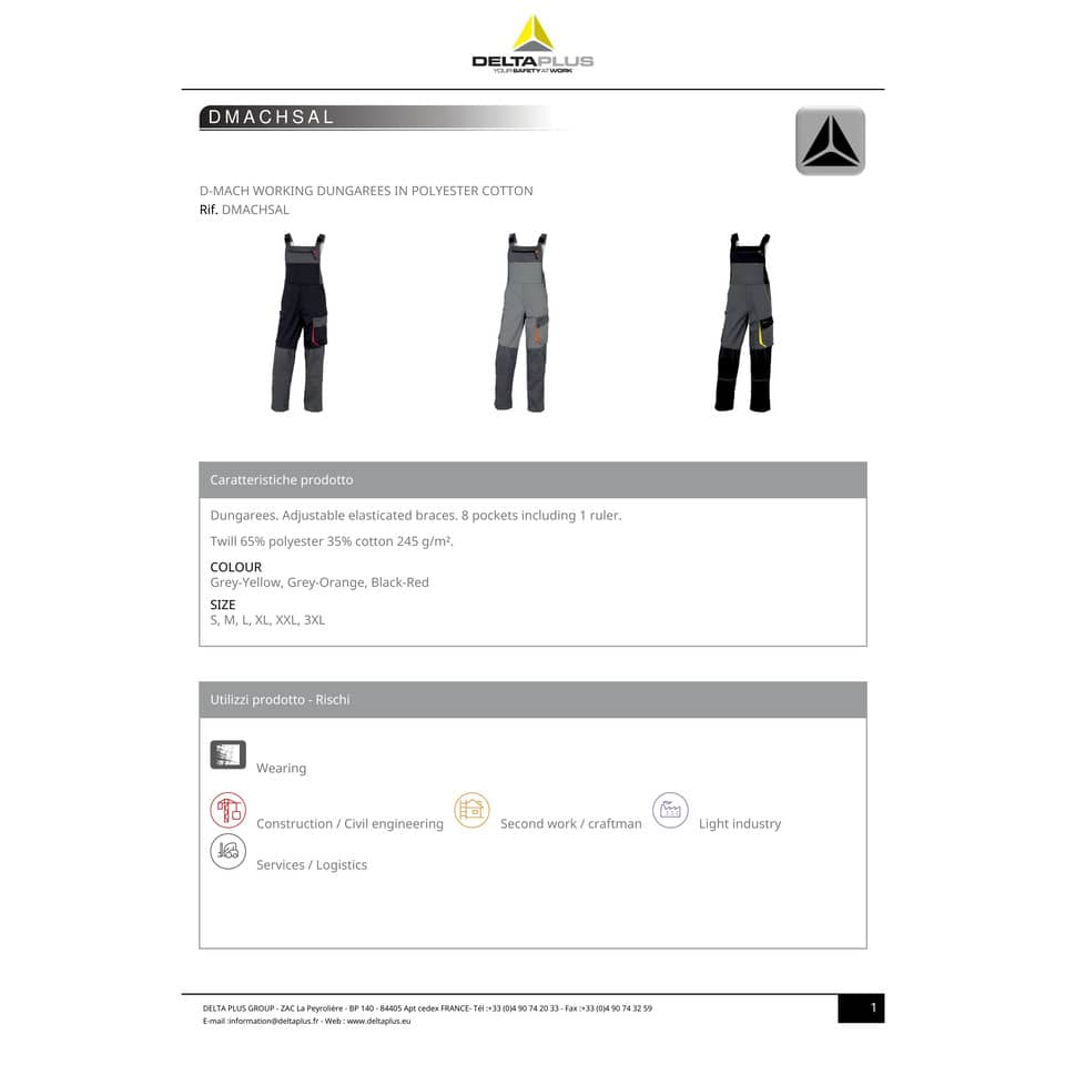 Salopette da lavoro Delta Plus D-Mach bretelle regol. -8 tasche- cotone /poliest. grigio-giallo - L - DMSALGJGT