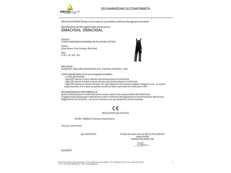 Salopette da lavoro Delta Plus D-Mach bretelle regol. -8 tasche- cotone /poliest. grigio-giallo - L - DMSALGJGT