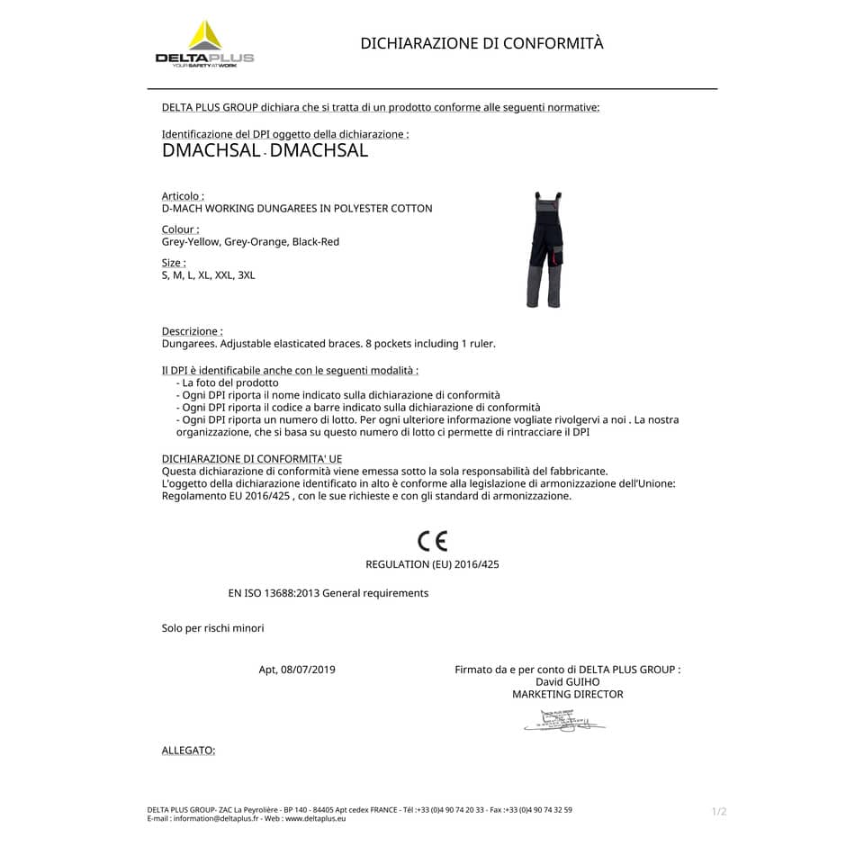 Salopette da lavoro Delta Plus D-Mach bretelle regol. -8 tasche- cotone /poliest. grigio-giallo - L - DMSALGJGT