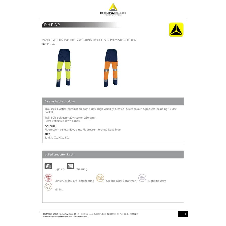Pantaloni da lavoro Delta Plus ad alta visibilità - classe 2 - 5 tasche - argento giallo fluo-blu - M - PHPA2JMTM