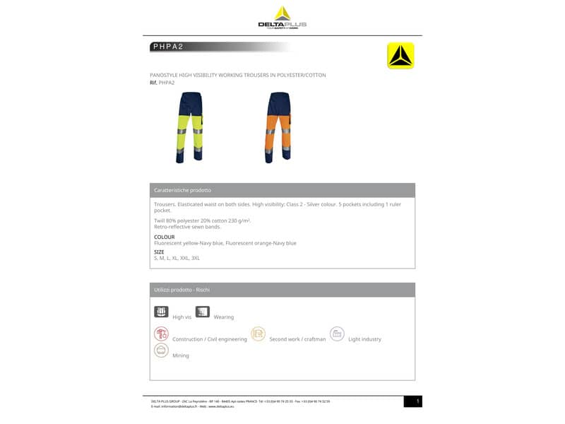 Pantaloni da lavoro Delta Plus ad alta visibilità - classe 2 - 5 tasche - argento arancio fluo-blu -XXL- PHPA2OMXX