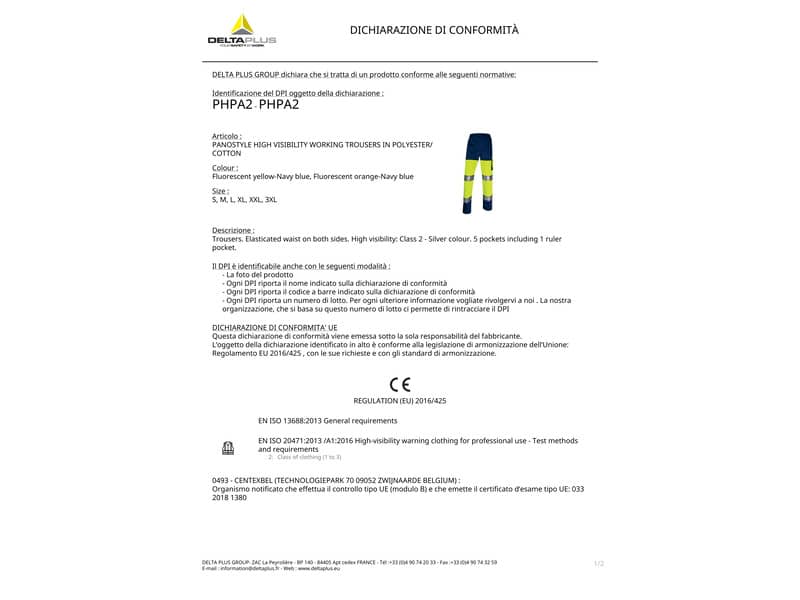 Pantaloni da lavoro Delta Plus ad alta visibilità - classe 2 - 5 tasche - argento giallo fluo-blu - XXL- PHPA2JMXX
