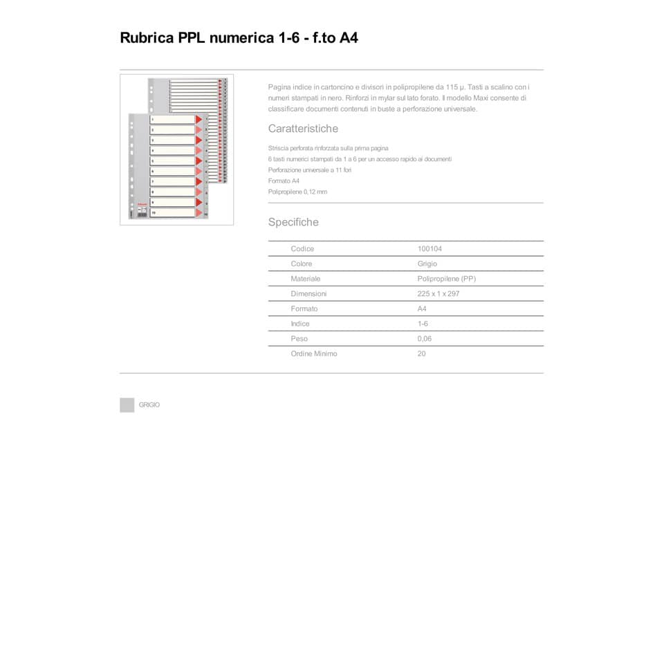 Divisori per rubrica Esselte A4 PPL numerica 1-6 100104