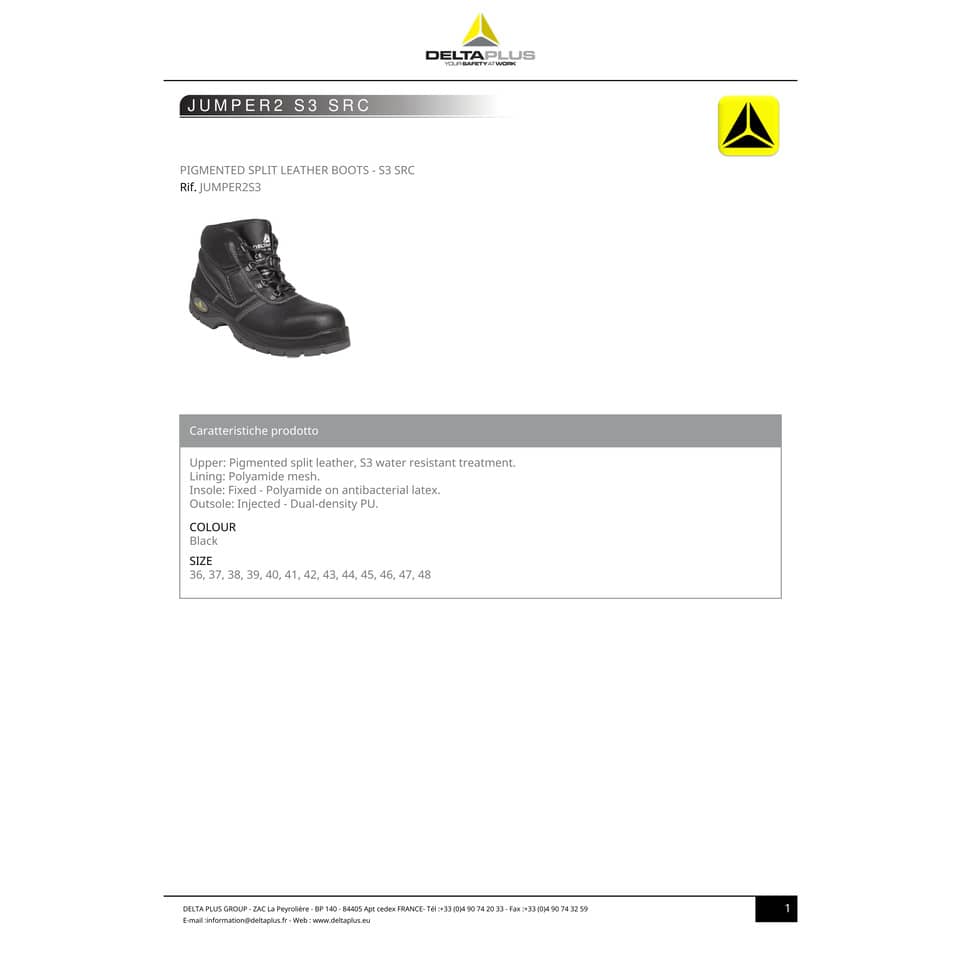 Scarpe da lavoro DELTA PLUS alte Jumper 2 S3 - pelle crosta pigmentata nero - 43 JUMPER3S3NO43