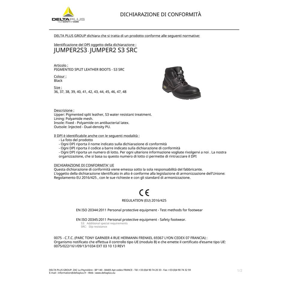 Scarpe da lavoro DELTA PLUS alte Jumper 2 S3 - pelle crosta pigmentata nero - 44 JUMP2S3NO44