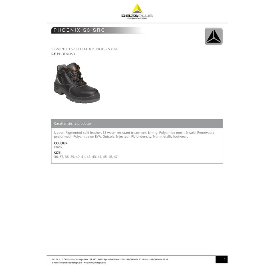 Scarpe lavoro Delta Plus basse Phoenix S3 -pelle croste pigmentata- trattamento impermeabilizzante nero -45- PHOENS3NO45