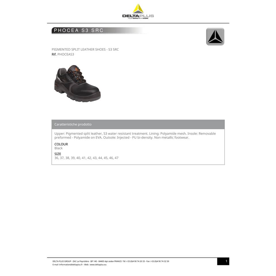 Scarpe da lavoro Delta Plus basse Phocea S3 -pelle croste pigmentata- trattamento impermeabilizzante nero -44- PHOCES3NO44