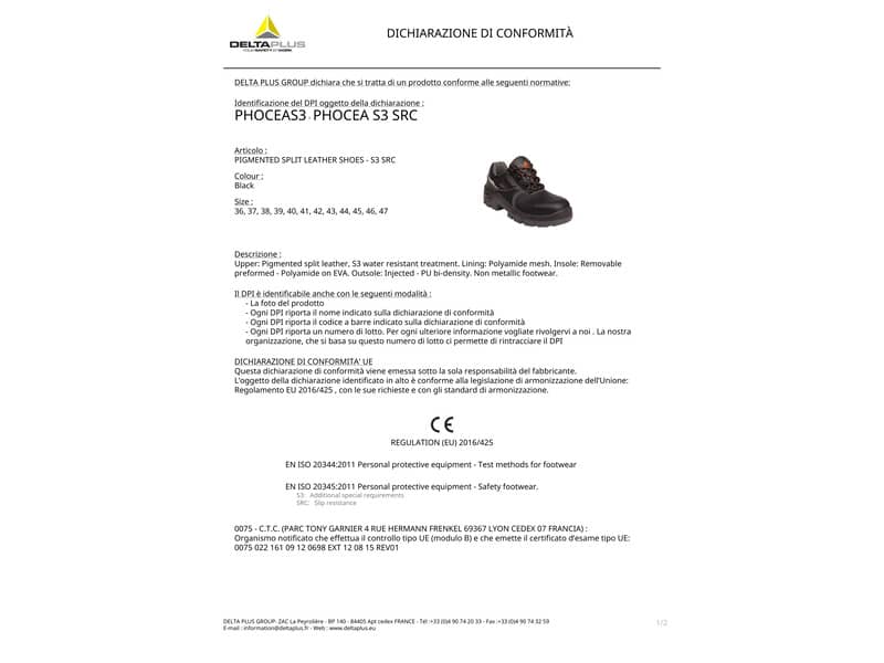 Scarpe da lavoro Delta Plus basse Phocea S3 -pelle croste pigmentata- trattamento impermeabilizzante nero -44- PHOCES3NO44