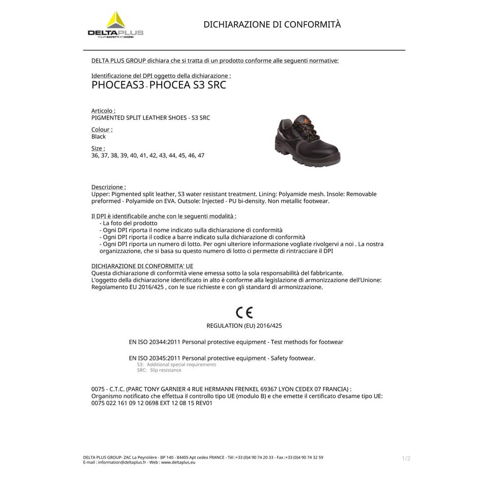 Scarpe da lavoro Delta Plus basse Phocea S3 -pelle croste pigmentata- trattamento impermeabilizzante nero -45- PHOCES3NO45