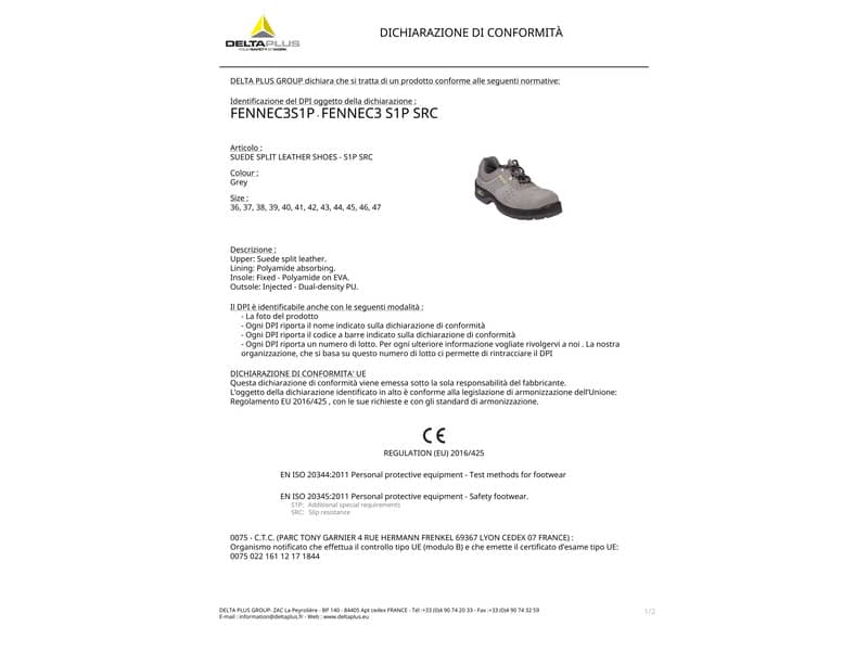 Scarpe da lavoro DELTA PLUS basse Fennec3 S1P - pelle scamosciata grigio - 42 - FEN3PGR42