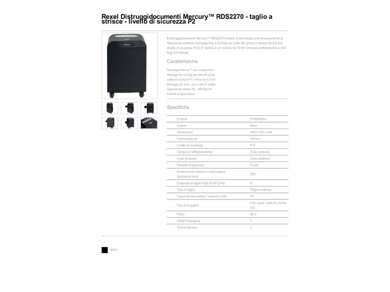 Distruggidocumenti uso frequente Rexel Mercury RDS2270 P-2 70 L - taglio a strisce 5,8 mm - nero - 2102433EU