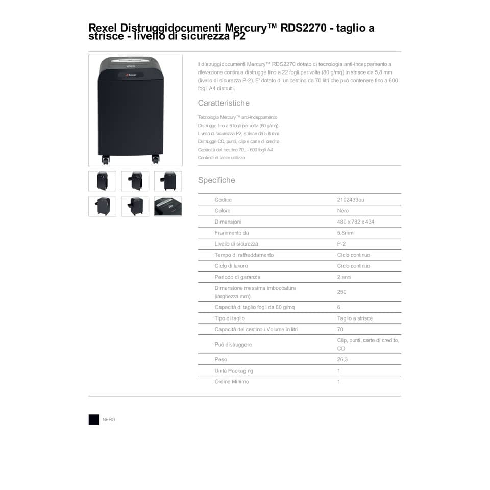 Distruggidocumenti uso frequente Rexel Mercury RDS2270 P-2 70 L - taglio a strisce 5,8 mm - nero - 2102433EU