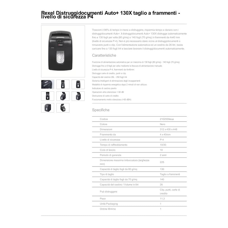 Distruggidocumenti ad alimentazione automatica Rexel Auto+ 130X P-4 26 L taglio a frammenti 4x40 mm - 2102559EUA