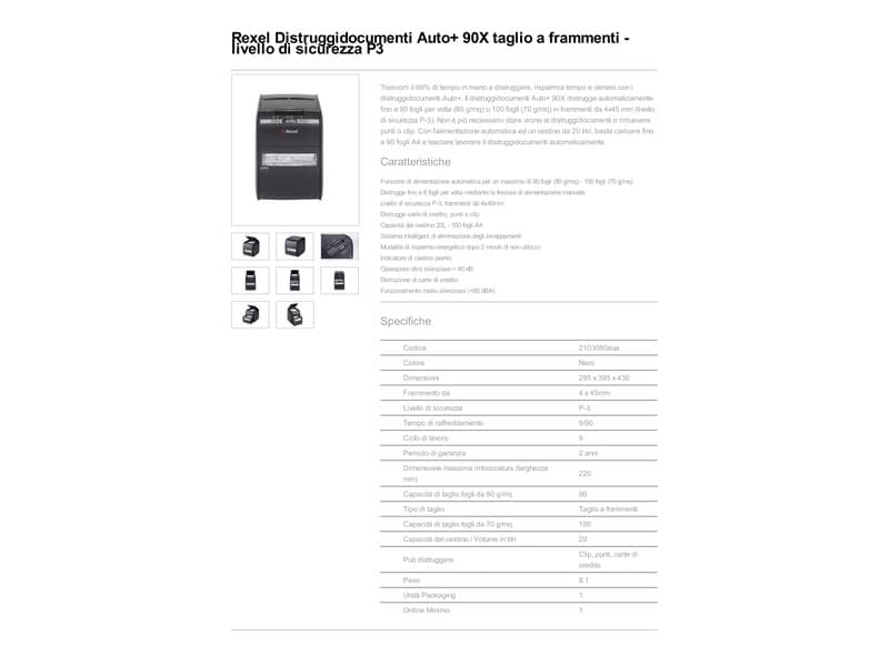 Distruggidocumenti ad alimentazione automatica Rexel Auto+90X P-3 20 L taglio a frammenti 4x45 mm 2103080EUA