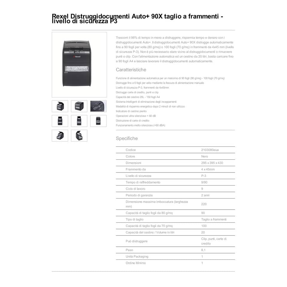 Distruggidocumenti ad alimentazione automatica Rexel Auto+90X P-3 20 L taglio a frammenti 4x45 mm 2103080EUA