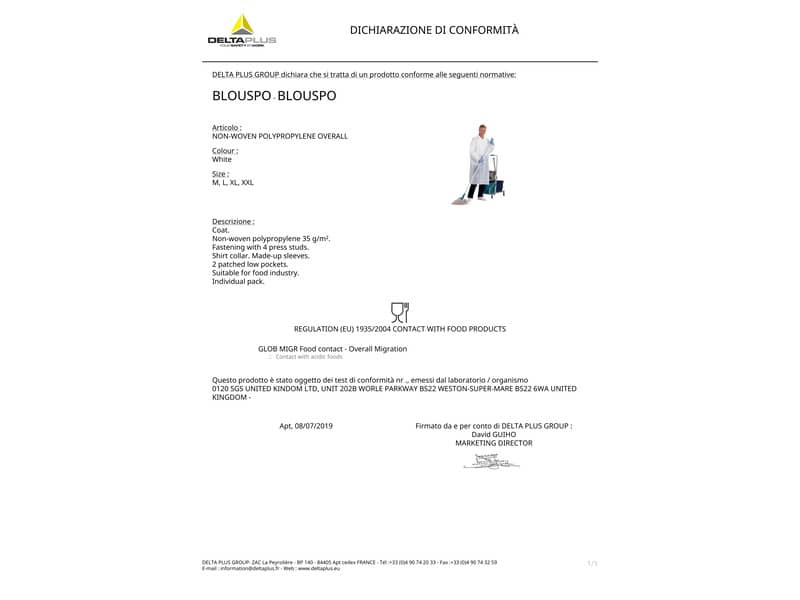 Camici da lavoro DELTA PLUS in PPL  non tessuto - chiusura 4 bottoni - 2 tasche applicate bianco - XXL - BLOUSPOXX