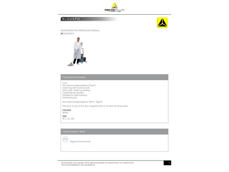 Camici da lavoro DELTA PLUS in PPL  non tessuto - chiusura 4 bottoni - 2 tasche applicate bianco - XXL - BLOUSPOXX