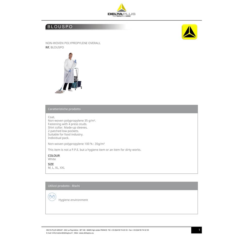 Camici da lavoro DELTA PLUS in PPL  non tessuto - chiusura 4 bottoni - 2 tasche applicate bianco - XXL - BLOUSPOXX
