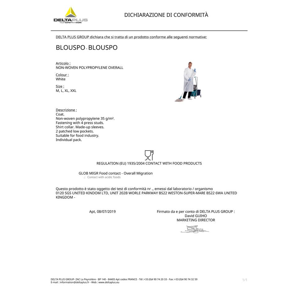 Camici da lavoro DELTA PLUS in PPL non tessuto - chiusura 4 bottoni - 2 tasche applicate bianco - L - BLOUSPOGT