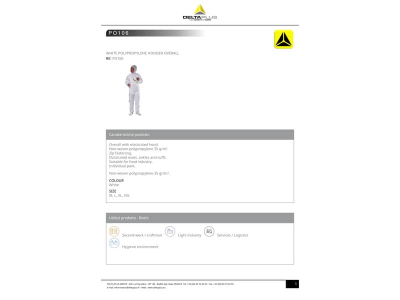 Tuta da lavoro Delta Plus con cappuccio elasticizz. monouso-compatib. alimentare chiusura c/zip -PPL bianco-XL- PO106BCXG