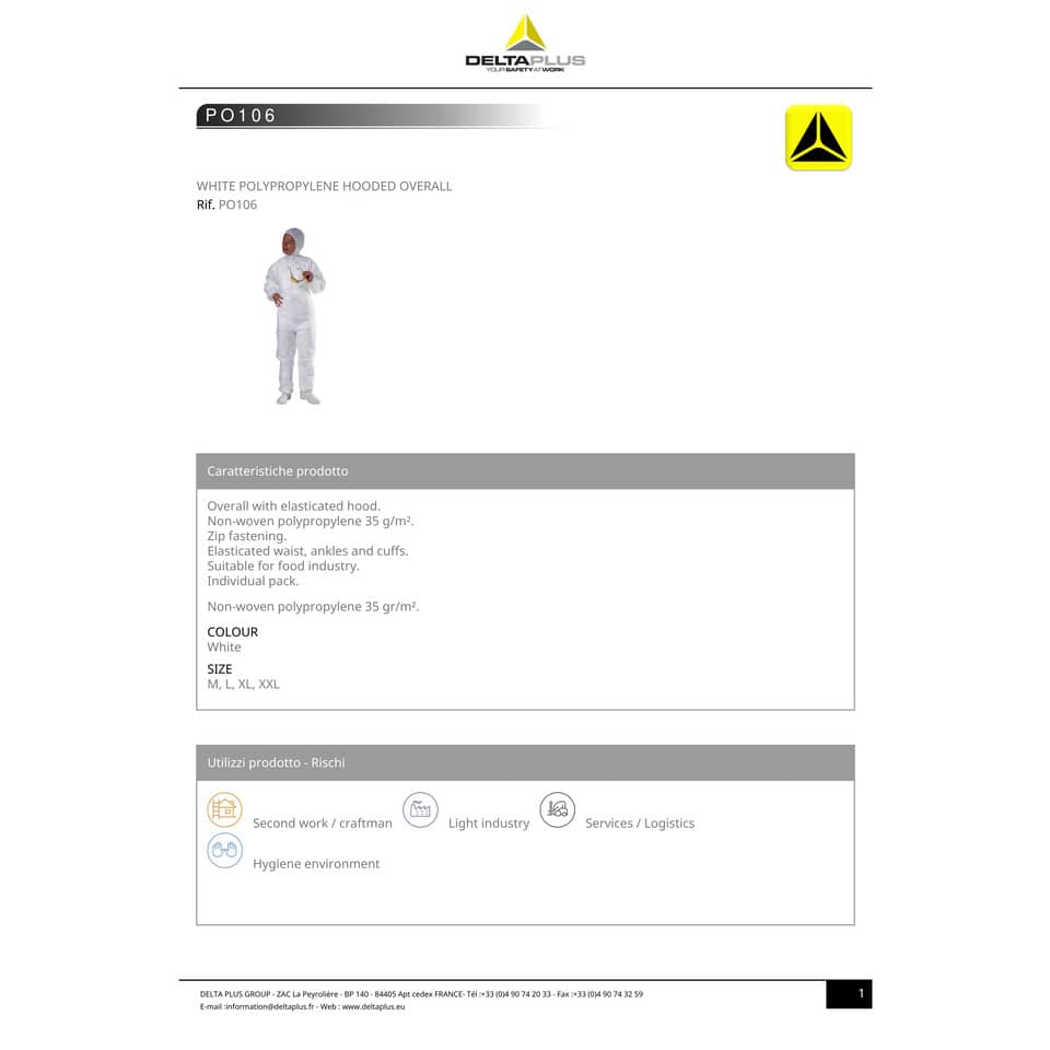 Tute da lavoro DELTA PLUS con cappuccio elasticizzata monouso - chiusura con zip PPL bianco - M - PO106BCTM