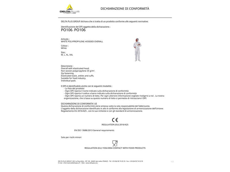 Tuta da lavoro Delta Plus con cappuccio elasticizz. monouso-compatib. alimentare chiusura c/zip -PPL bianco-XXL-PO106BCXX