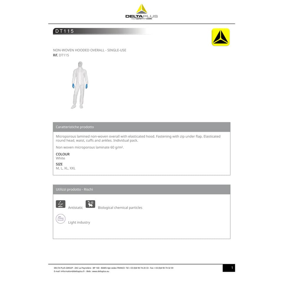 Tute da lavoro DELTA PLUS con cappuccio elasticizzata monouso - chiusura con zip PPL bianco - M - DT115TM