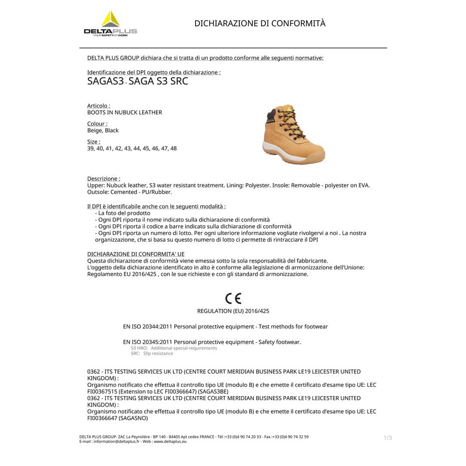 Scarpe da lavoro DELTA PLUS alte Saga S3 pelle pieno fiore nabuk beige - 45 SAGAS3BE45
