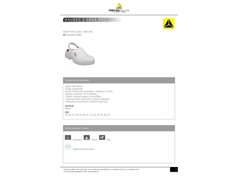 Scarpe da lavoro DELTA PLUS Zoccoli - microfibra impermeabile bianco - 39 MAUB3SBBC39