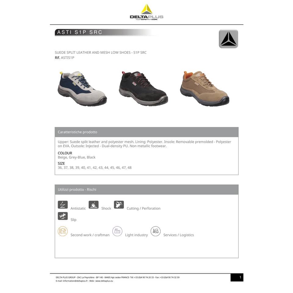 Scarpe da lavoro DELTA PLUS basse Asti S1P - poliestere mesh e pelle scamosciata nero - 45 - ASTISPNO45