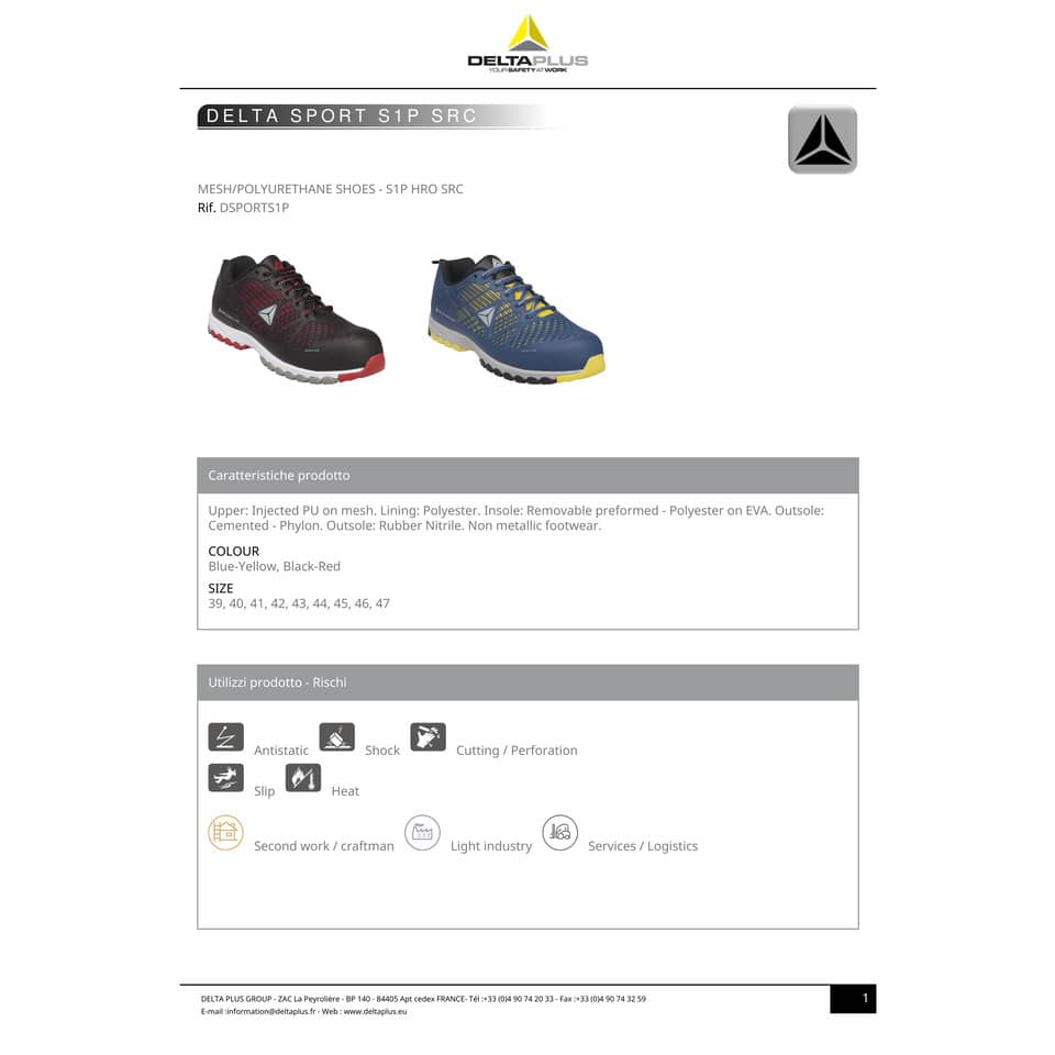 Scarpe da lavoro DELTA PLUS basse Deltasport S1P - PU iniettato mesh nero-rosso - 39 - DSPORSPNR39
