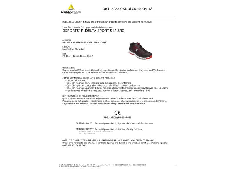 Scarpe da lavoro DELTA PLUS basse Deltasport S1P - PU iniettato mesh nero-rosso - 39 - DSPORSPNR39