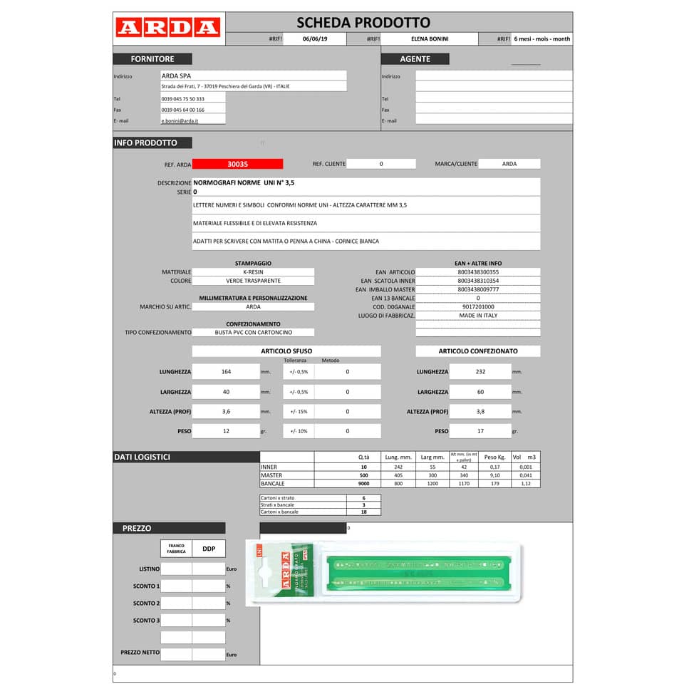 Normografo ARDA Norme Uni K-resin caratteri 3,5mm 30035