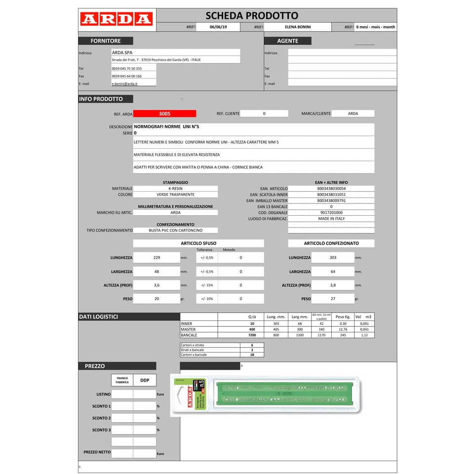 Normografo ARDA Norme Uni K-resin caratteri 5mm 3005