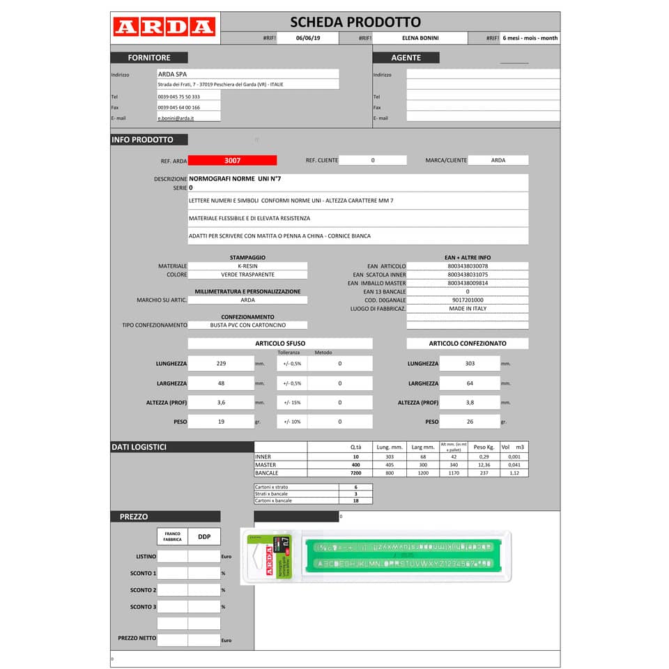 Normografo ARDA Norme Uni K-resin caratteri 7mm 3007